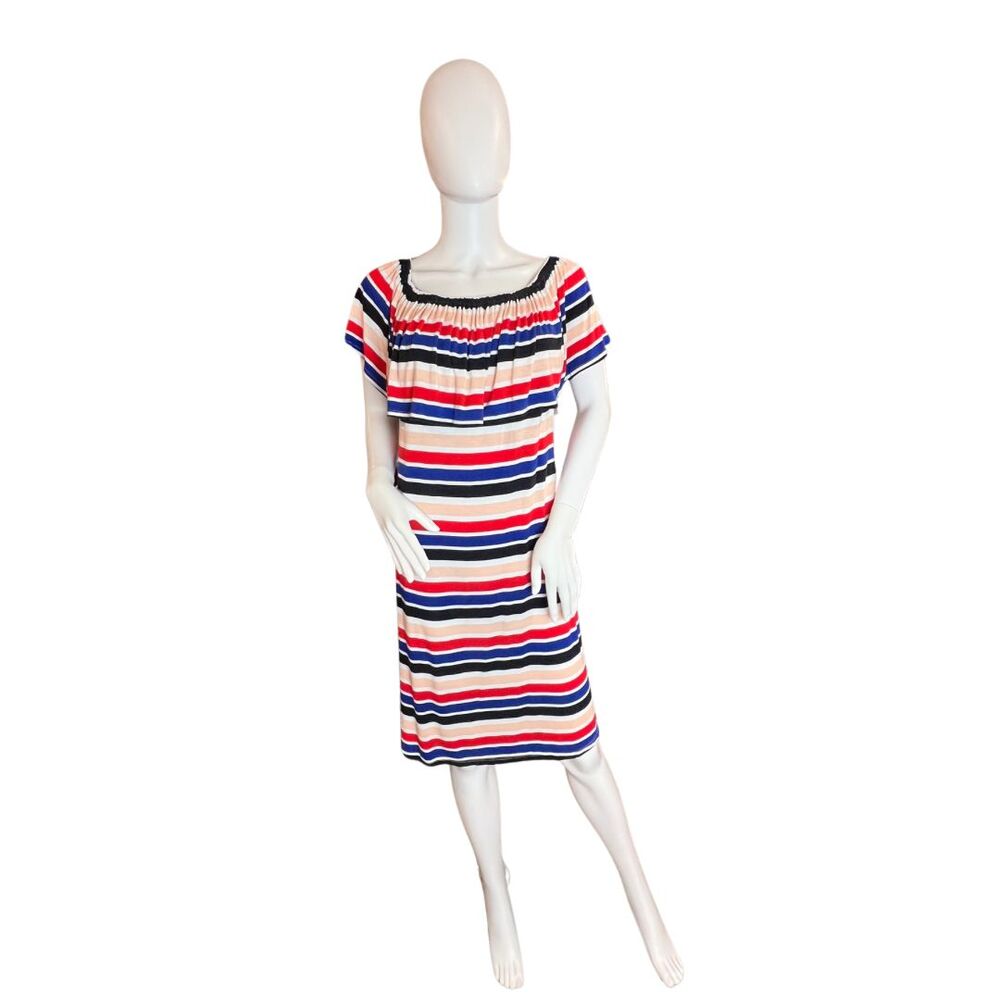 Lane Bryant Dress 14/16 Colorful Multi Stripe Smocked Yoke Knit Midi Resort Wear